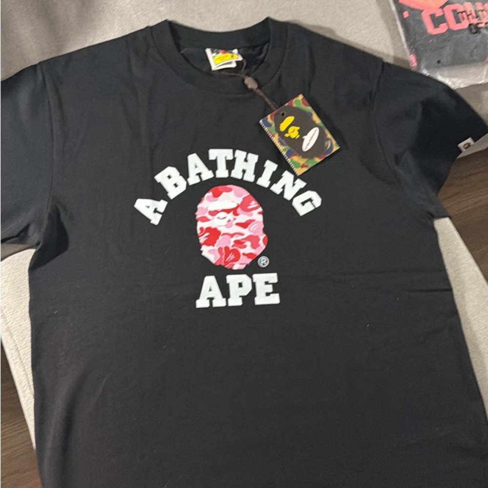 Bape Black Short Sleeve Tee with Pink Camo Logo